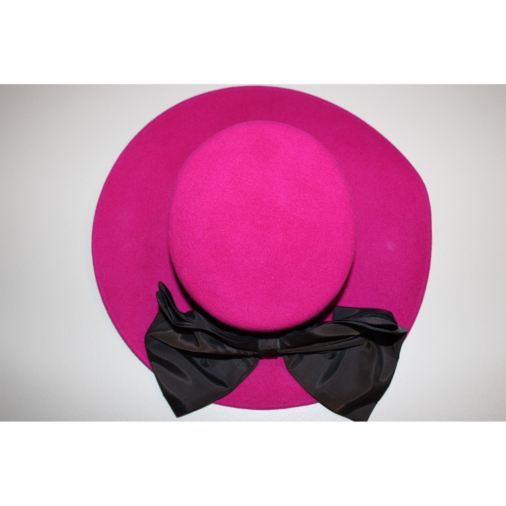 Vintage Michael Howard Georgi Pink Wool Felt Wide Brim Hat Black Bow Made in USA